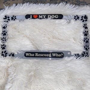 License plate frame, “I ❤️ My Dog” chrome plated finish decorative paw print.